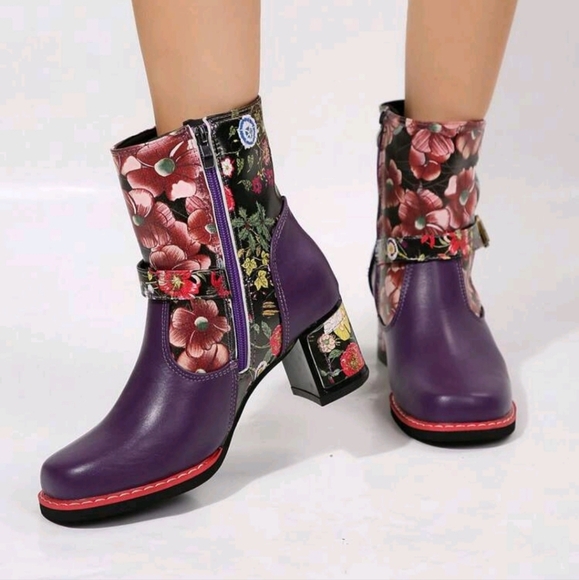 WomenFashion Western Style Printed Leather Patchwork Ankle Boots,Metal Buckle - Picture 4 of 6